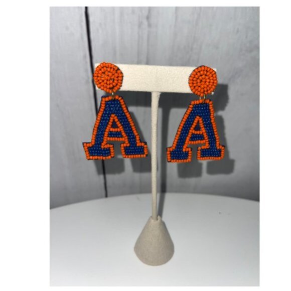 AUBURN UNIVERSITY Navy Orange Football Team Colors Seed Beaded Letter A Earrings - Picture 1 of 1